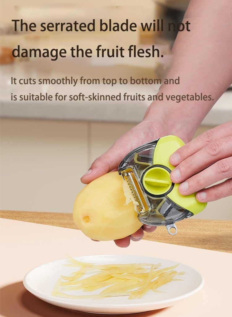 موندا مقشرة فواكه وخضراوات متعددة الوظائف 3 في 1 - 3 شفرات قابلة للتبديل (شفرة عادية/شفرة مسننة/شفرة تقطيع) | مفتاح تحكم، أداة مطبخ منزلية للفواكه والخضراوات ذات القشرة السميكة والطرية، لون أخضر - Image 5